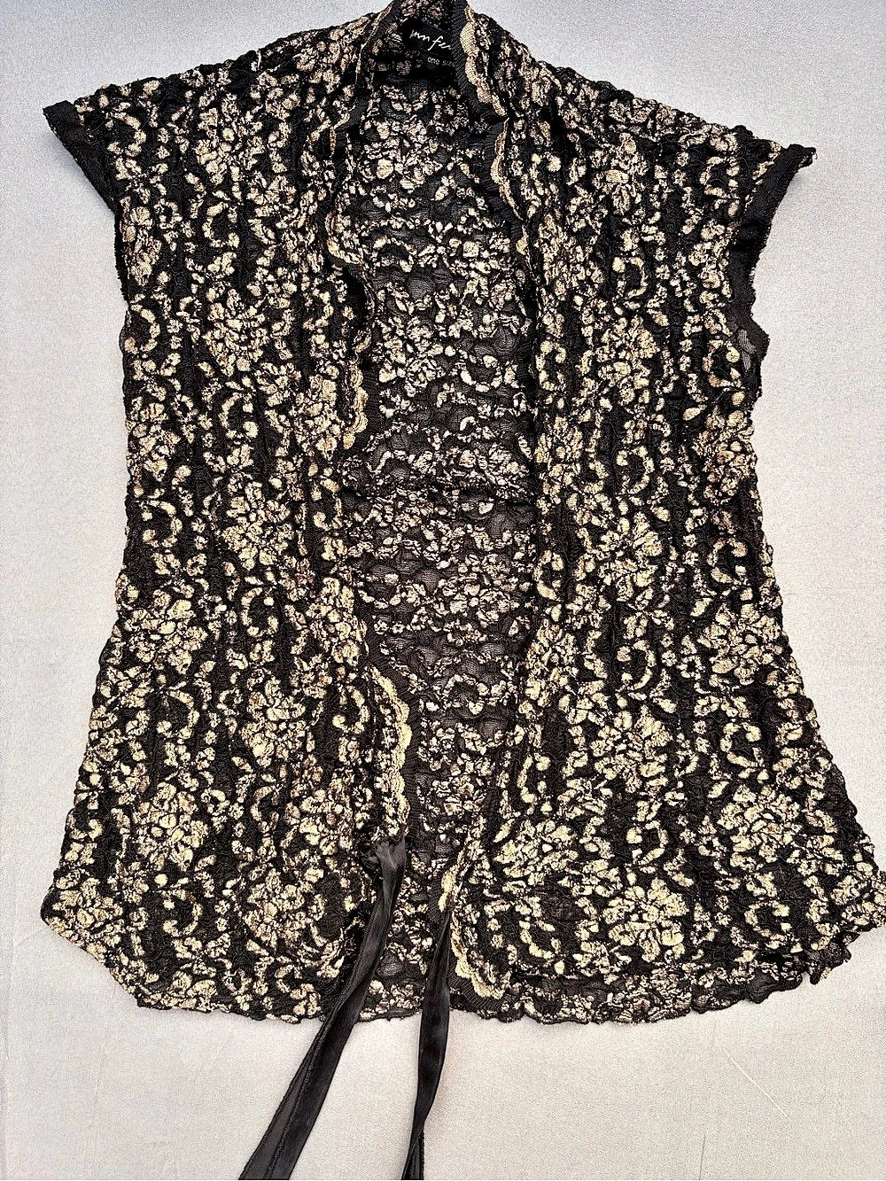 Floral Lace Tie-Front Blouse in Black & Gold
